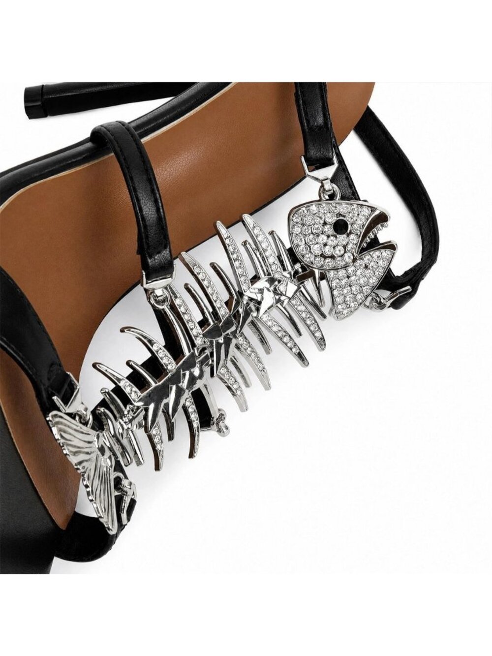 Women's 4.1inch Black Leather Fishbone Rhinestone Pointed Open Toe Sexy Heels - Picture 5 of 7